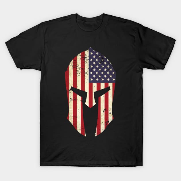 Spartan Helmet American Flag Distressed Warrior T-Shirt by Beltschazar